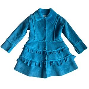 Widgeon Girls Teal Faux Suede Ruffle Trimmed Long Winter Coat Size 6 Holiday
